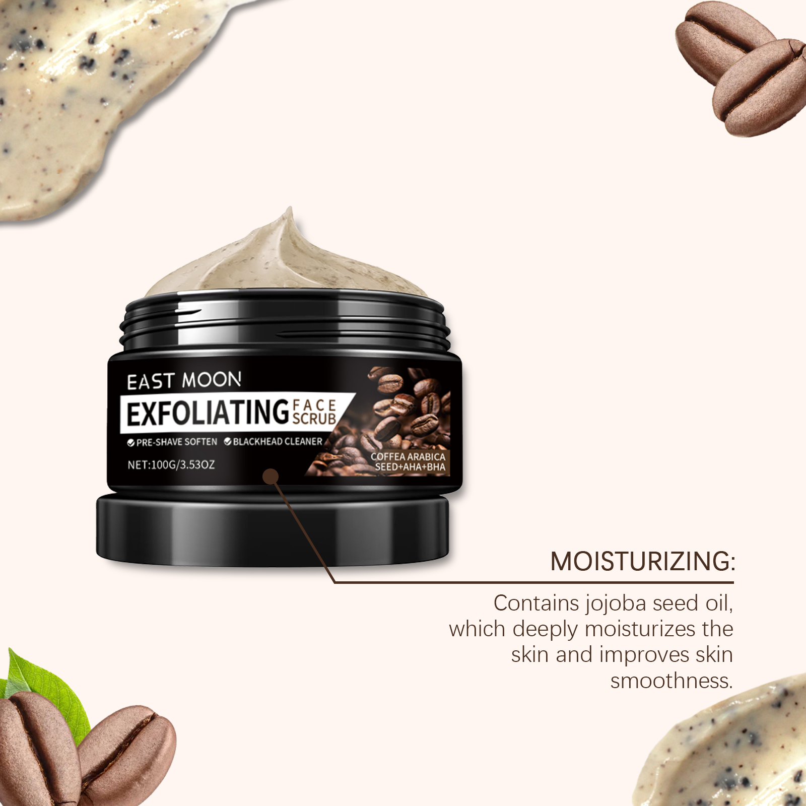 East Moon Coffee Facial Scrub, Men's Facial Hair Cleanser Pores Refreshing Comfort Cleansing Cream - Image 4