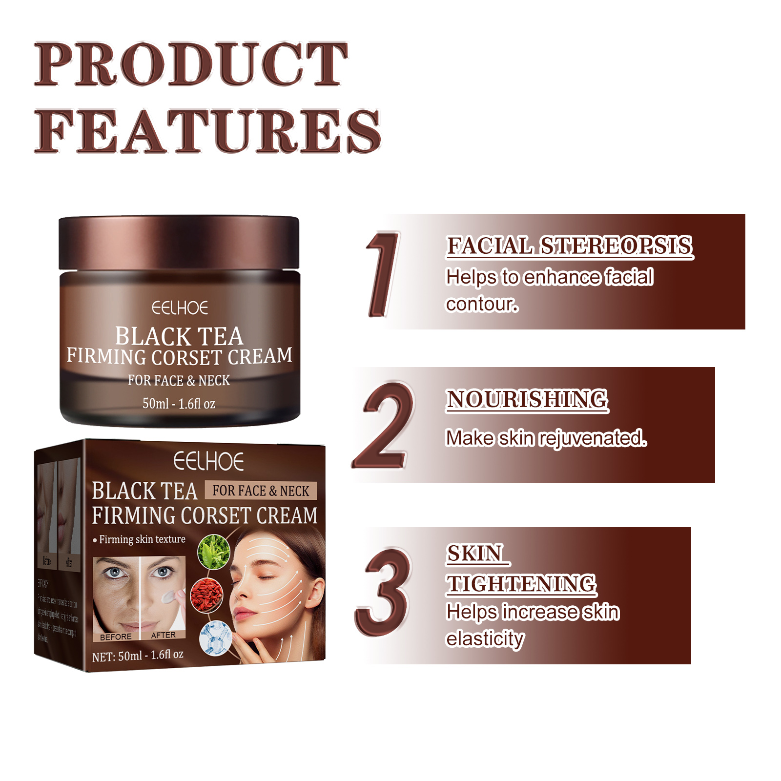 EELHOE Black Tea Firming Moulding Face Cream, Moisturizing Softening Skin Firming Shrinking Pore Face Cream - Image 5