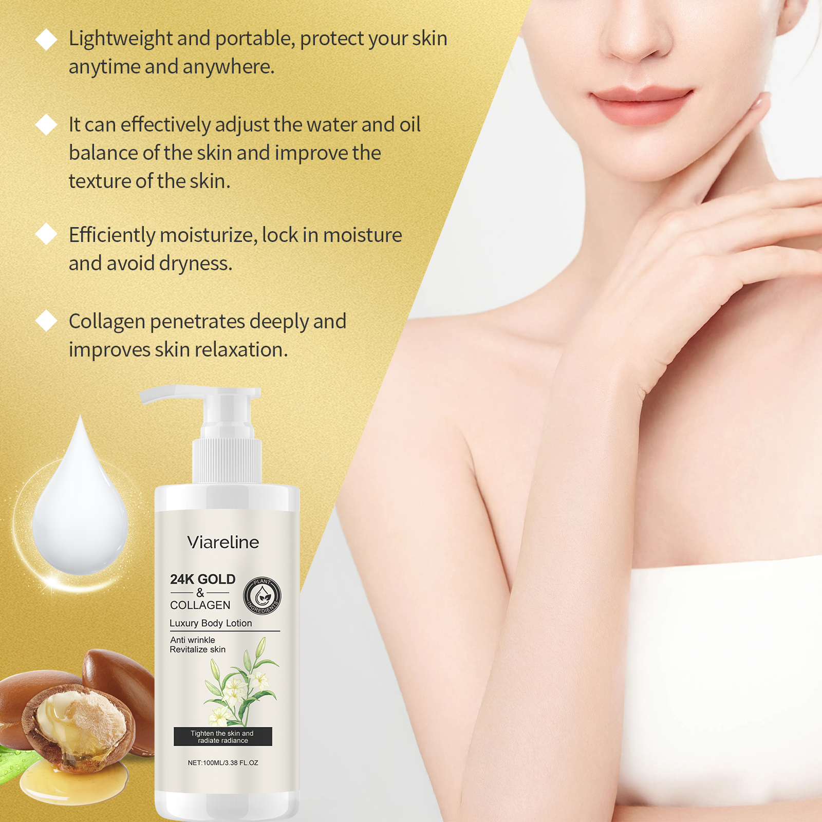 Viareline Gold Collagen Body Lotion Hydrates And Moisturizes Skin Refreshing, Tender And Nourishing Body Lotion - Image 3