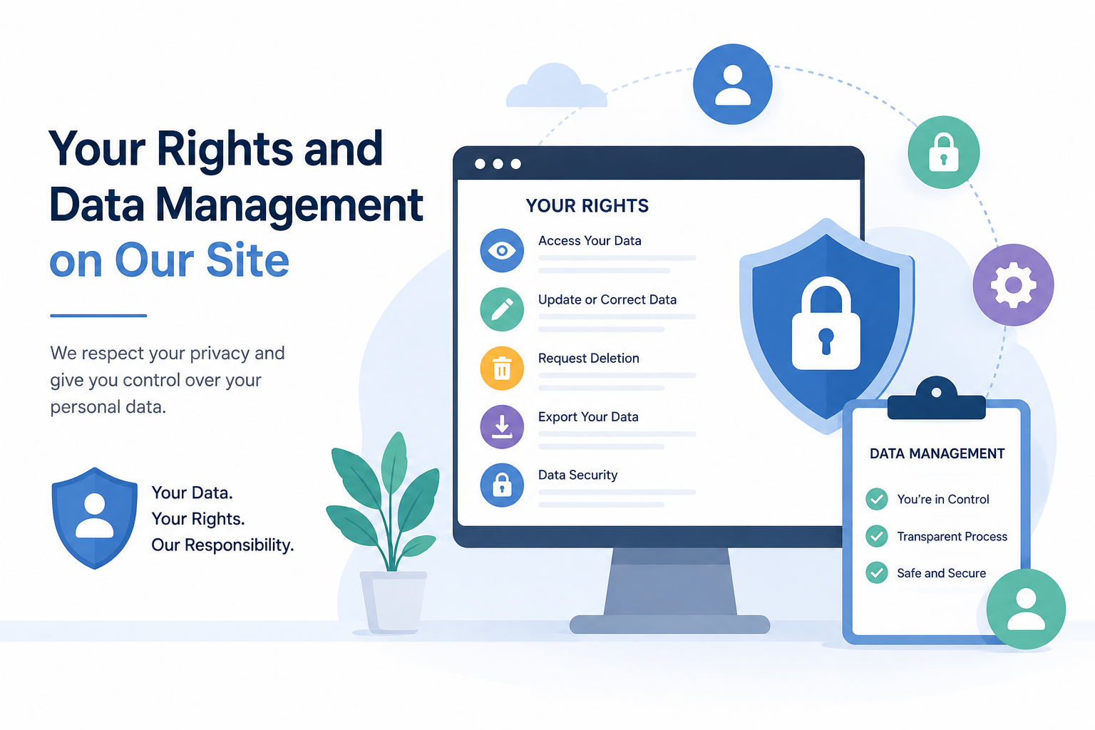 User privacy and data management illustration with secure personal data protection icons.