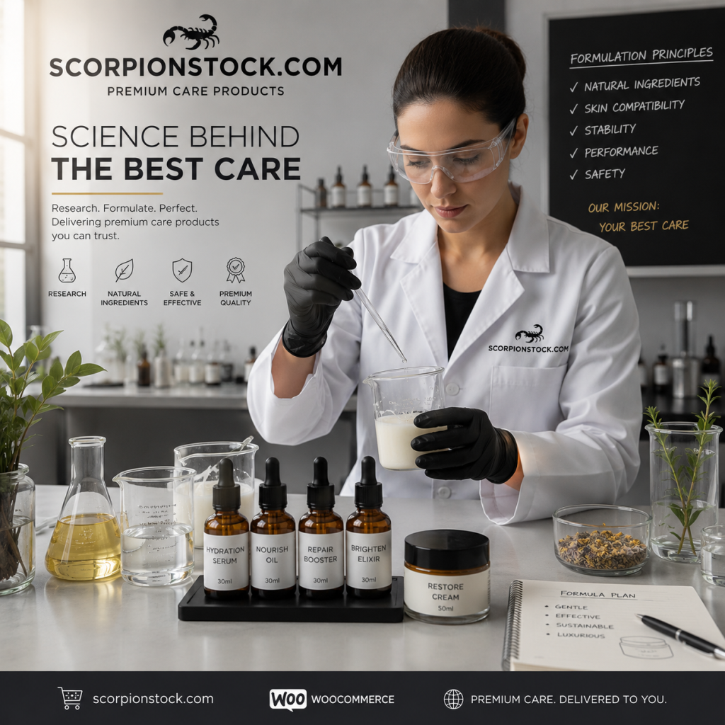 Scientist formulating premium skincare products in a laboratory for ScorpionStock.com, surrounded by serums, creams, and natural ingredients.