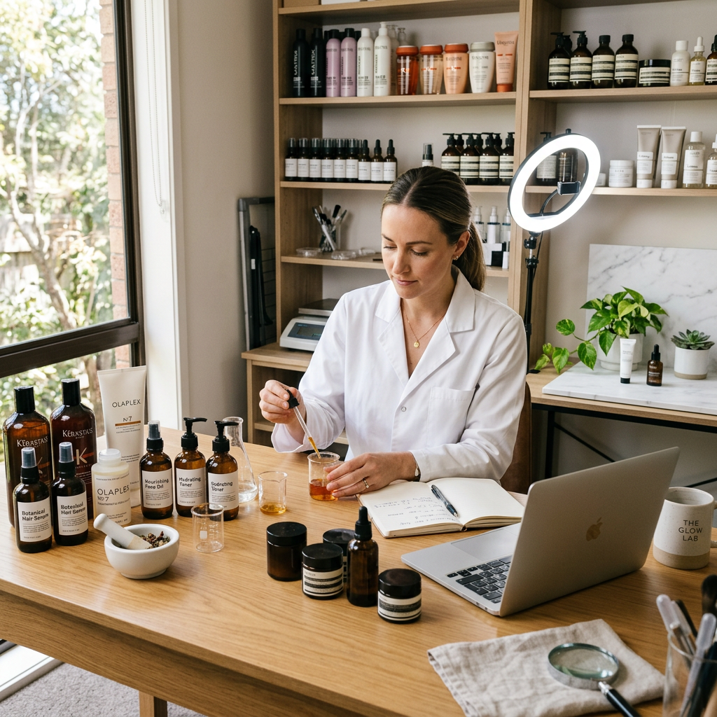 Woman in white lab coat mixing skincare ingredients at a wooden desk